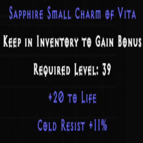 Sapphire Small Charm of Vita +20 Life +11% Cold Resist
