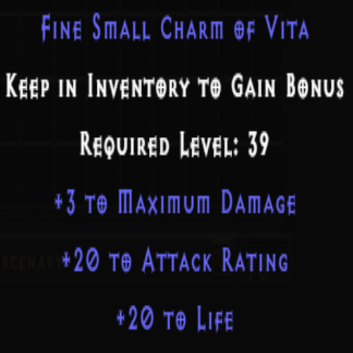 Fine Small Charm of Vita +3 Maximum Damage +20 AR +20 Life