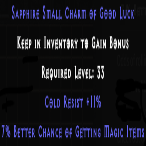 Sapphire Small Charm of Good Luck +7% MF +11% Cold Resist