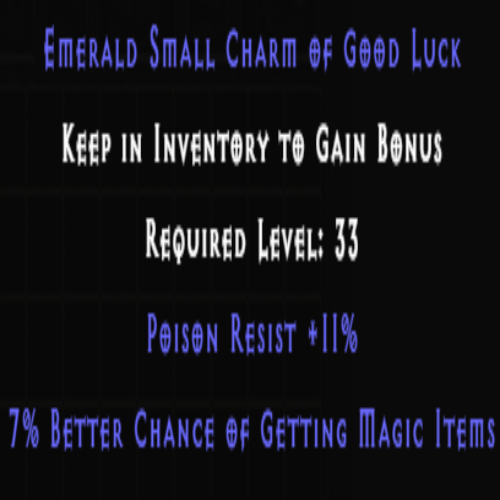 Emerald Small Charm of Good Luck +7% MF +11% Poison Resist