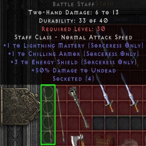 Battle Staff 4os +3 Energy Shield +1 Chilling Armor +1 Lightning Mastery