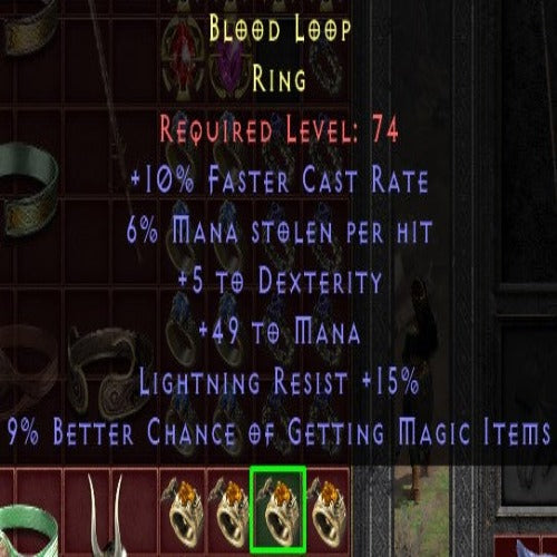 Blood Loop 10 FCR 6 MS 5 DEX 49 MANA 15 LR 9 MF