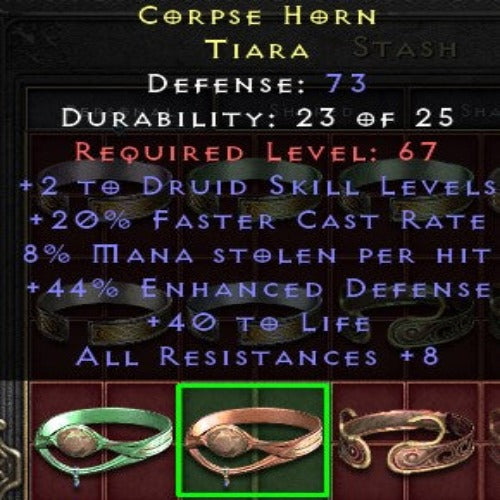 Corpse Horn 2 DS 20 FCR 8% MS 40 LIFE 8 ALL RESISTANCES