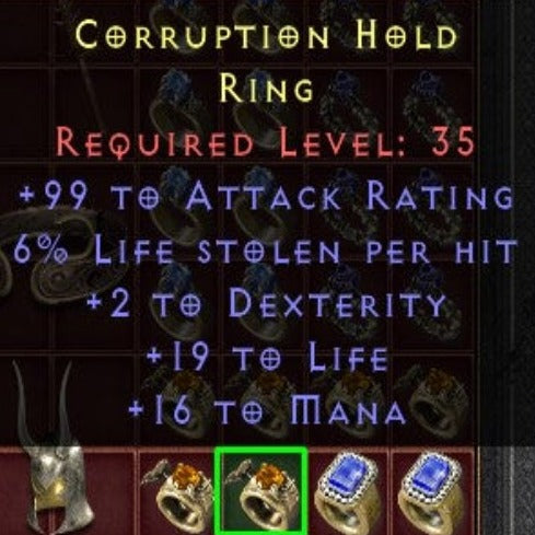 Corruption Hold 2 99 AR 6 LS 2 DEX 19 LIFE 16 MANA LVL 35