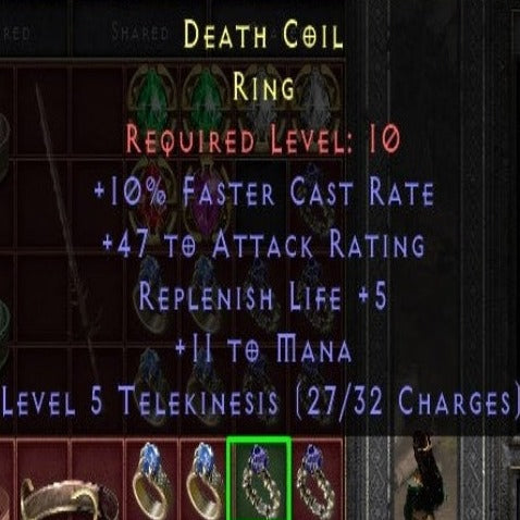 Death Coil 2 10 FCR 47 AR 5 REP LIFE 11 MANA LVL 5 TELEKINESIS LVL 10