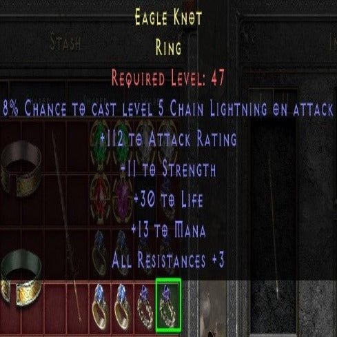 Eagle Knot 112 AR 11 STR 30 LIFE 13 MANA 3 ALL RES LVL 47