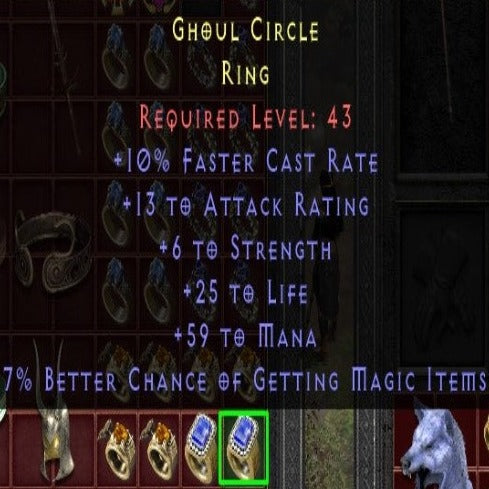 Ghoul Circle 10 FCR 13 AR 6 STR 25 LIFE 59 MANA 7 MF LVL 43