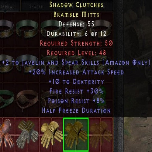 Shadow Clutches 2 J&S SKILLS 20 IAS 10 DEX 30 FR 8 PR HALF FREEZE DURATION LVL 48