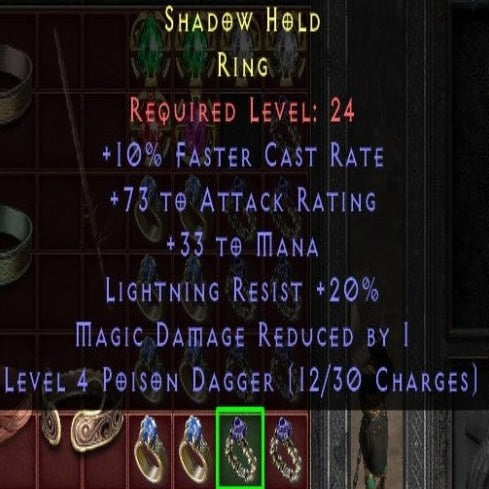 Shadow Hold 10 FCR 73 AR 33 MANA 0 LR MDRby1 LVL 4 POISON DAGGER LVL 24