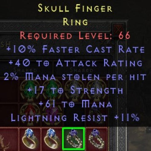 Skull Finger 10 FCR 40 AR 2 MS 17 STR 61 MANA 11 LR