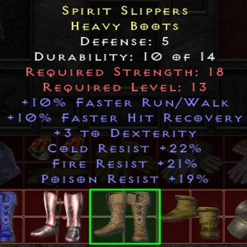 Spirit Slippers 10 FRW 10 FHR 3 DEX 22 CR 21 FR 19 PR LVL 13