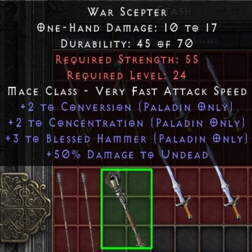 War Scepter 0os +3 BLESSED HAMMER +2 CONCENTRATION +2 CONVERSION