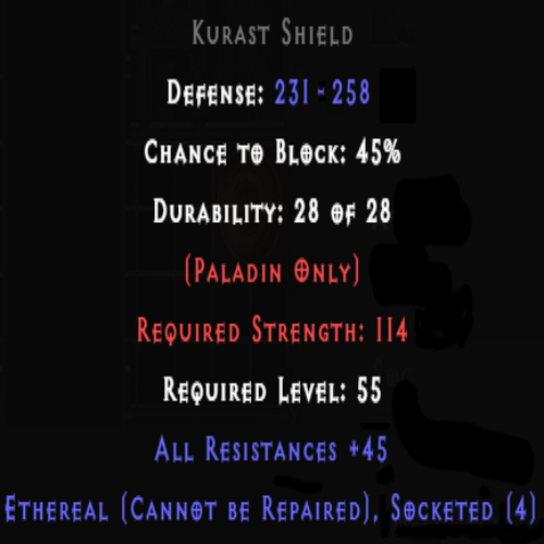 Kurast Shield Ethereal 4 Sockets 45 All Res