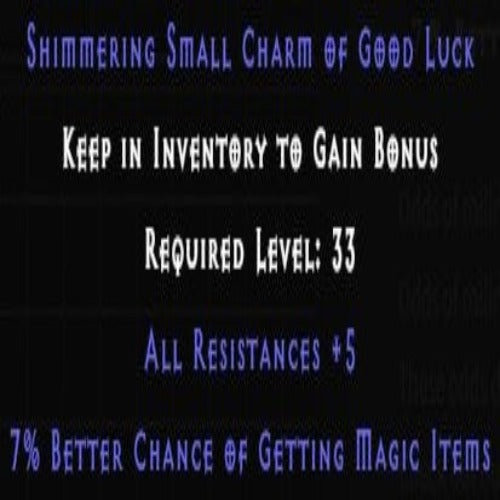 Buy D2R Shimmering Small Charm of Good Luck +7 MF +5 All Resistances