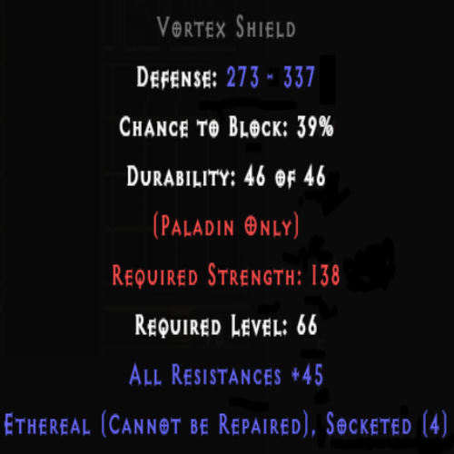 Buy D2R Vortex Shield Ethereal 4 Sockets 45 All Res | Diablo 2 ...