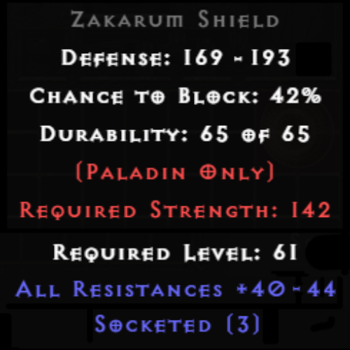 Zakarum Shield 3 Sockets 40-44 All Res
