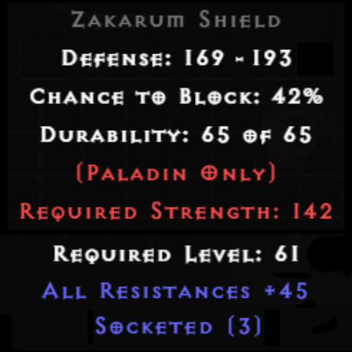 Zakarum Shield 3 Sockets 45 All Res