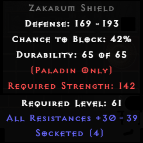 Zakarum Shield 4 Sockets 30-39 All Res