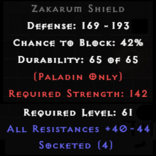 Zakarum Shield 4 Sockets 40-44 All Res