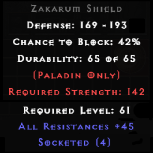 Zakarum Shield 4 Sockets 45 All Res