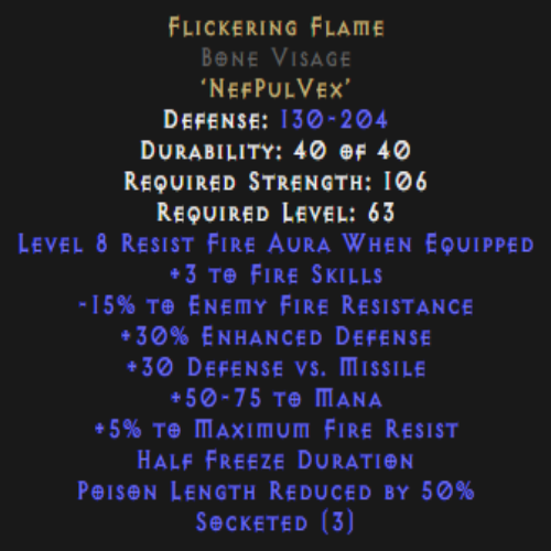 Flickering Flame Bone Visage 15 Fire Pierce 8 Aura Description