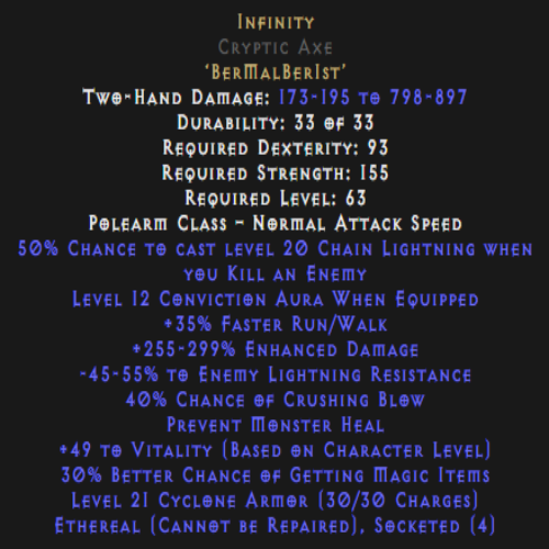 Infinity Cryptic Axe Ethereal 255-299% ED Description