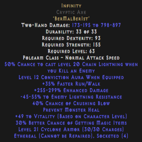 Buy D2R Infinity Cryptic Axe Ethereal 255-299% ED | Diablo 2 ...